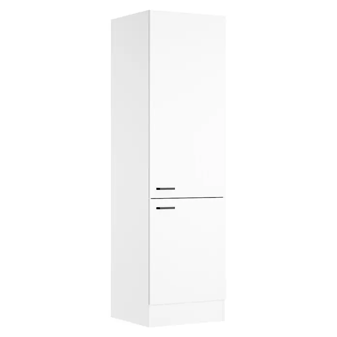Optifit Optimulti Küchen-Hochschrank Bonn214 - B x T x H: 60 x 55,5 x 210 cm, Weiß - Weißer zweitüriger Kühl-Gefrierschrank mit dunklen Griffen.