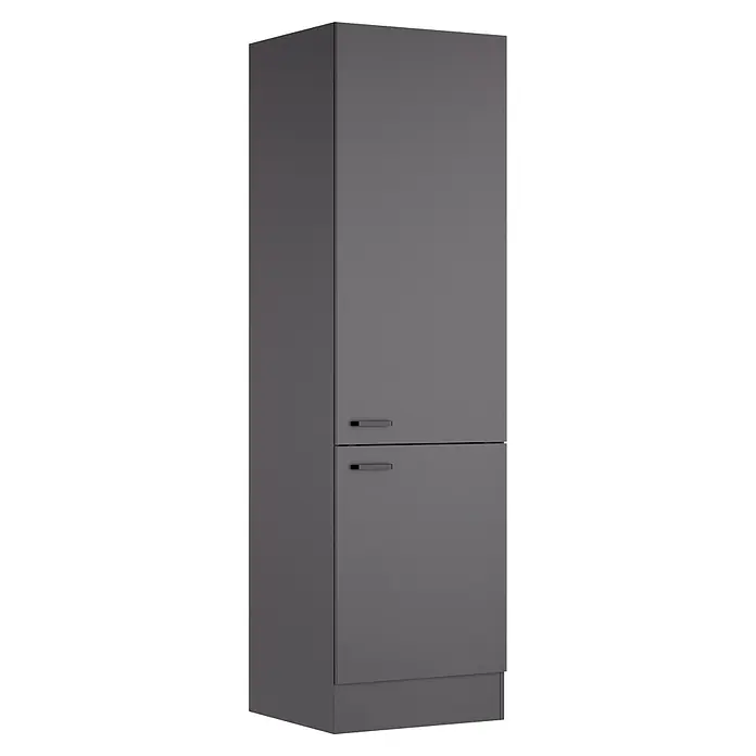 Optifit Optimulti Küchen-Hochschrank Kiel420 - B x T x H: 60 x 55,5 x 210 cm, Anthrazit - Hoher, dunkelgrauer Schrank mit zwei Türen, horizontalen Griffen, matter Oberfläche und Sockel.
