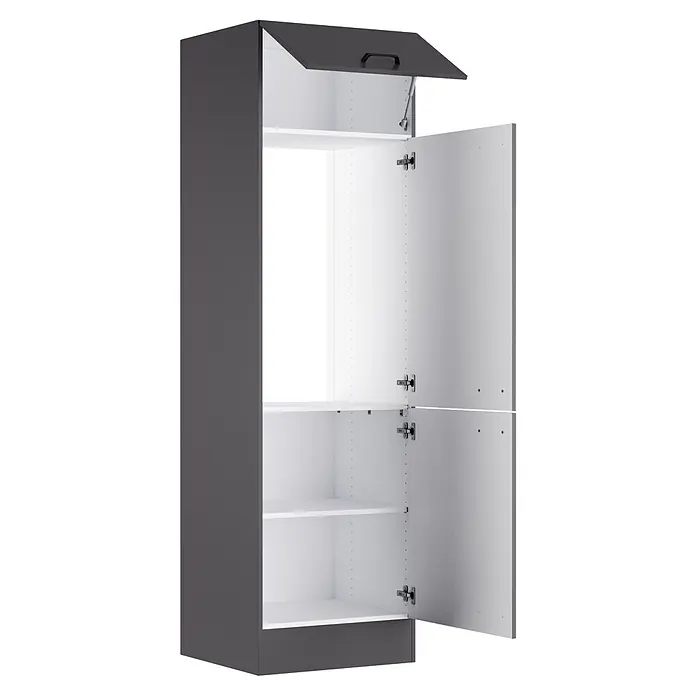 Optifit Optimulti Küchen-Hochschrank Kiel420 - B x T x H: 60 x 55,5 x 210 cm, Anthrazit - Hoher, dunkelgrauer Schrank mit weißem Innenraum und geöffneten Türen, die Regale zeigen.