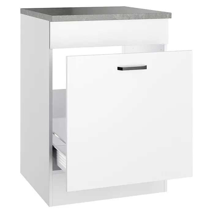 Optifit Optimulti Spülenunterschrank Bonn214 - 60 x 60 x 88 cm, Dekor Front: Weiß - Weißer Küchenunterschrank mit grauer Arbeitsplatte und geöffneter Schublade.