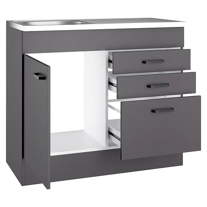Optifit Optimulti Spülenunterschrank Kiel420 - 50 x 100 x 88,2 cm, Dekor Front: Grau matt - Grauer Spülunterschrank mit weißer Platte, Spüle, offener Tür und drei teilweise geöffneten Schubladen.