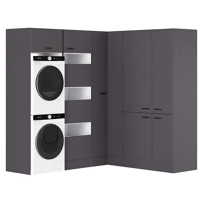 Optifit Optimulti Waschmaschinenschrank Kiel420 - L x B x H: 190 x 213,2 x 210 cm, Anthrazit - Gestapelte weiße Samsung Waschmaschine und Trockner, integriert in eine Eckschrankwand aus dunkelgrauen Wäscheschränken, mit teilweise geöffneten Schubladen.
