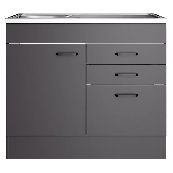 Optifit Optimulti Spülenunterschrank Kiel420 - 60 x 100 x 88,2 cm, Dekor Front: Grau matt - Dunkelgrauer Küchenunterschrank mit Spüle, einer Tür und drei Schubladen.