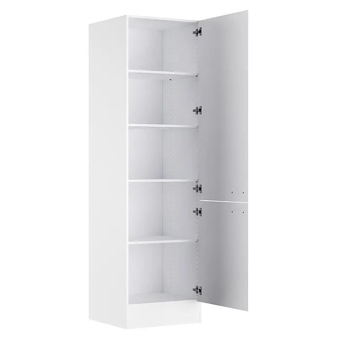 Optifit Optimulti Küchen-Hochschrank Bonn214 - B x T x H: 60 x 55,5 x 210 cm, Weiß - Weißer Schrank mit geöffneter Tür, der mehrere verstellbare Einlegeböden und Metallscharniere zeigt.