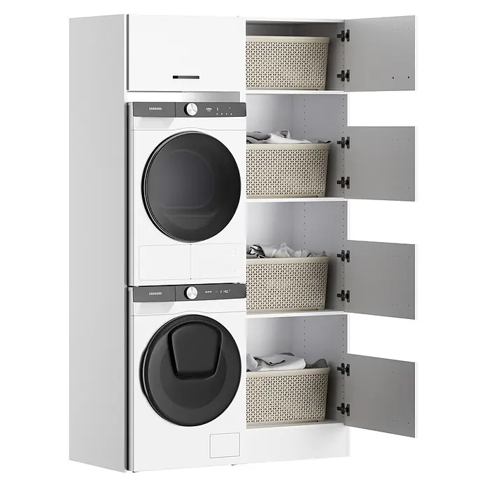 Optifit Optimulti Waschmaschinenschrank Bonn214 - L x B x H: 57,1 x 123,2 x 210 cm, Weiß - Weiße gestapelte Samsung Waschmaschine und Trockner in weißen Schränken mit offenen Regalen und beigen Wäschekörben.