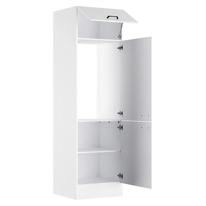 Optifit Optimulti Küchen-Hochschrank Bonn214 - B x T x H: 60 x 55,5 x 210 cm, Weiß - Weißer Aufbewahrungsschrank mit geöffneter oberer Klapptür mit Gasdruckfeder und zwei geöffneten Seitentüren mit Regalböden.