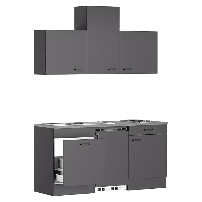 Optifit Optimulti Singleküche Kiel420 - Breite: 170 cm, Anthrazit, Mit Elektrogeräten - Dunkelgraue Kompaktküche mit Oberschränken, Dunstabzugshaube, Spüle, Kochfeld und integriertem Gerät.