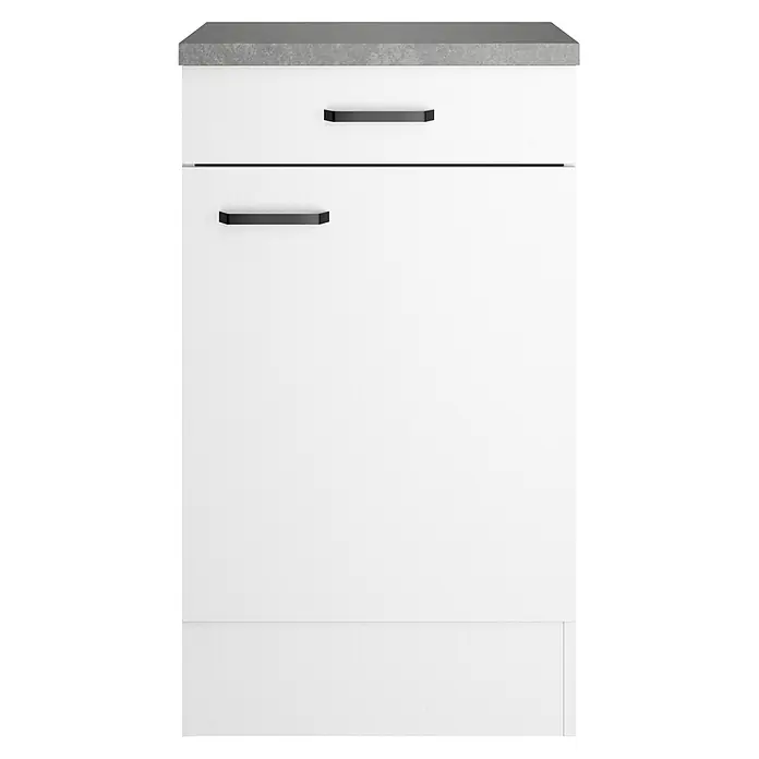 Optifit Optimulti Küchen-Unterschrank Bonn214 - B x T x H: 50 x 50 x 88 cm, Weiß/Grau - Weißer Küchenunterschrank mit grauer Arbeitsplatte, einer Schublade und einer Tür mit schwarzen Griffen.