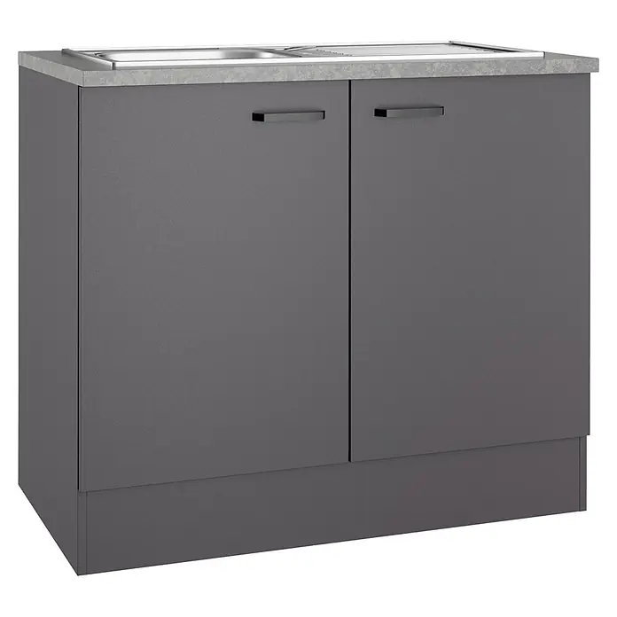 Optifit Optimulti Spülenunterschrank Kiel420 - 60 x 100 x 88 cm, Dekor Front: Grau matt - Grauer Spülunterschrank mit Arbeitsplatte in Steinoptik und integriertem Edelstahlwaschbecken.