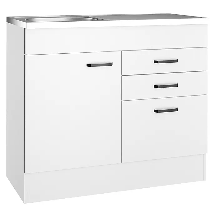 Optifit Optimulti Spülenunterschrank Bonn214 - 50 x 100 x 88,2 cm, Dekor Front: Weiß - Weißer Küchenunterschrank mit integrierter Metallspüle, einer Tür und drei Schubladen, mit schwarzen Griffen.
