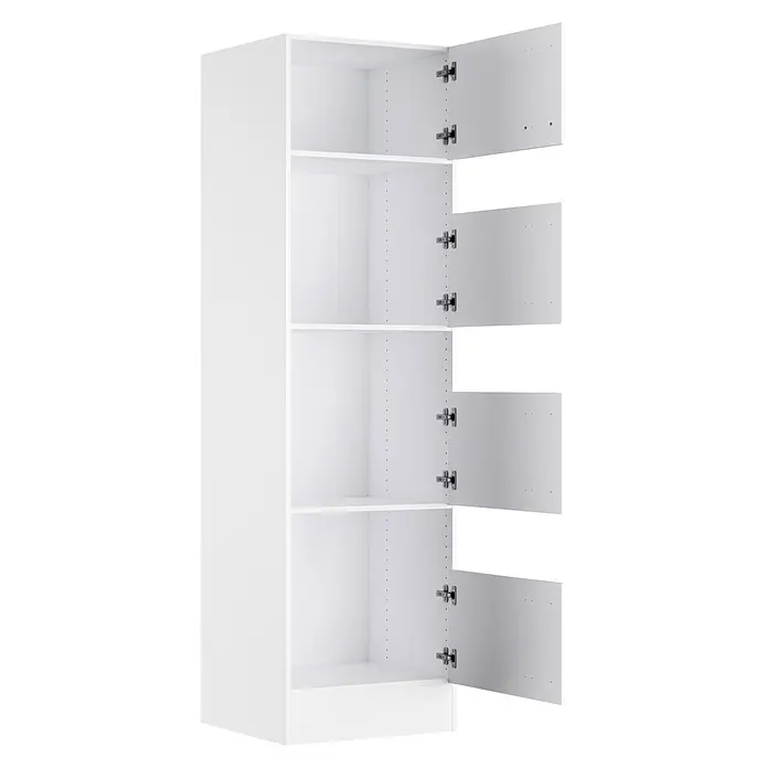 Optifit Optimulti Wäscheschrank Bonn214 -  - Weißer Schrank mit vier geöffneten Türen und Einlegeböden, zeigt verstellbare Bodenträgerlöcher und Scharniere.