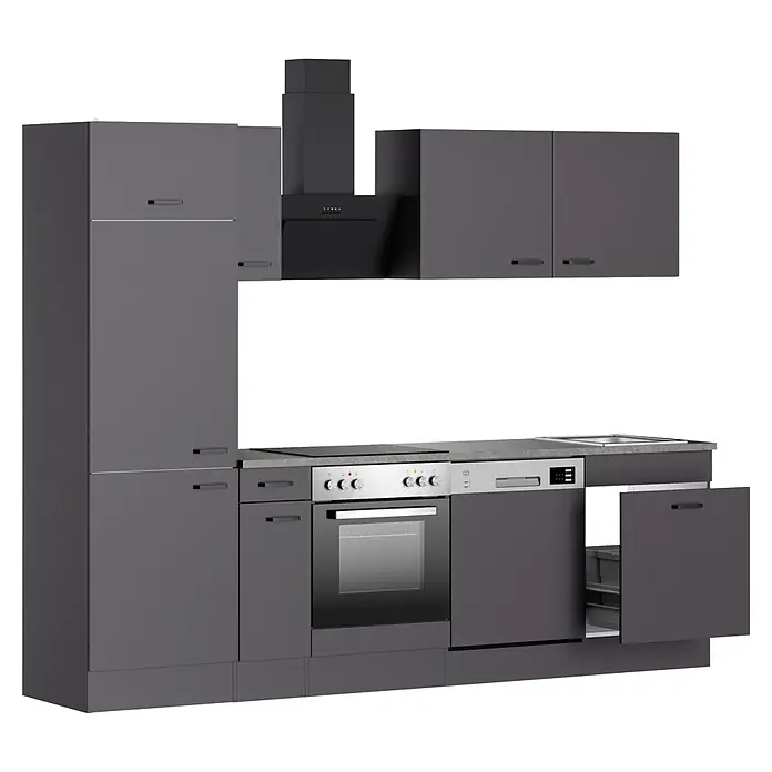 Optifit Optimulti Küchenleerblock Kiel420 - Breite: 270 cm, Anthrazit, Ohne Elektrogeräte, Mit Geschirrspülerschrank - Dunkelgraue Modulküche mit integriertem Kühlschrank, Backofen, Kochfeld, Spüle, Geschirrspüler und Dunstabzugshaube, mit offener Schublade.
