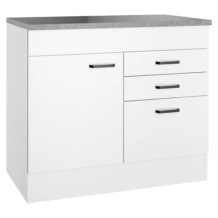 Optifit Optimulti Spülenunterschrank Bonn214 - 60 x 100 x 88 cm, Dekor Front: Weiß - Weißer Unterschrank mit grauer Arbeitsplatte, einer Tür und drei Schubladen mit schwarzen Griffen.