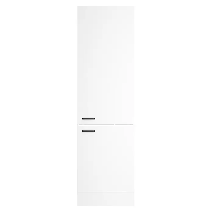 Optifit Optimulti Küchen-Hochschrank Bonn214 - B x T x H: 60 x 55,5 x 210 cm, Weiß - Weißer zweitüriger Kühlschrank mit horizontalen schwarzen Griffen.