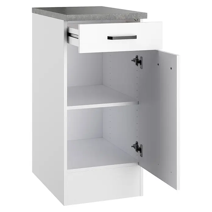 Optifit Optimulti Küchen-Unterschrank Bonn214 - B x T x H: 40 x 60 x 88 cm, Weiß/Grau - Weißer Unterschrank mit grauer Arbeitsplatte, teilweise geöffneter Schublade und offener Tür mit zwei verstellbaren Einlegeböden.