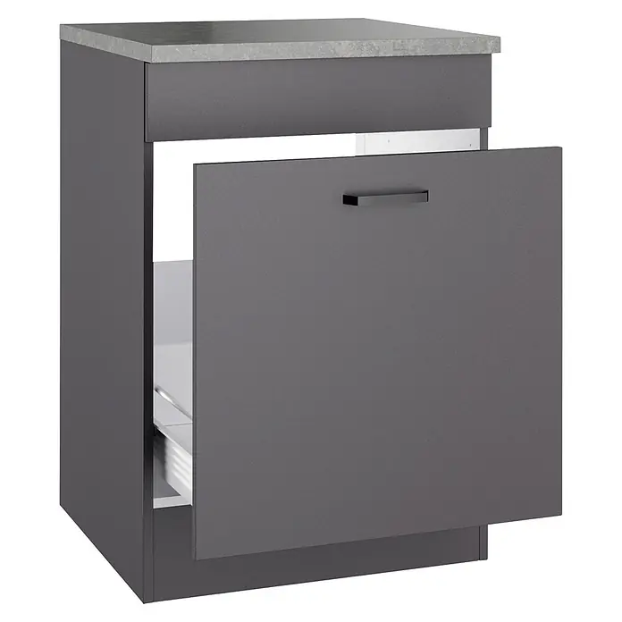 Optifit Optimulti Spülenunterschrank Kiel420 - 60 x 60 x 88 cm, Dekor Front: Grau matt - Dunkelgrauer Küchenunterschrank mit hellgrauer Arbeitsplatte und teilweise geöffneter Tür, die eine Innenschublade zeigt.