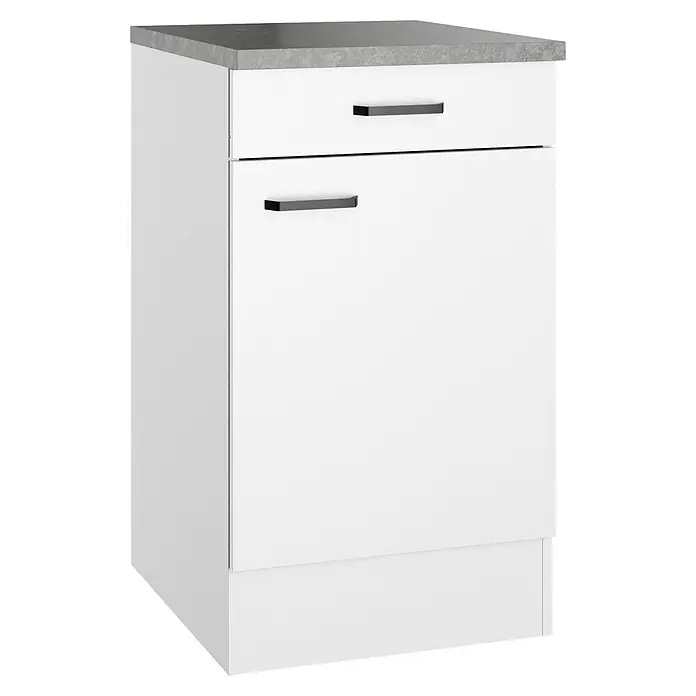 Optifit Optimulti Küchen-Unterschrank Bonn214 - B x T x H: 50 x 60 x 88 cm, Weiß/Grau - Weißer Schrank mit grauer Arbeitsplatte, einer Schublade und großer Tür mit schwarzen Griffen.
