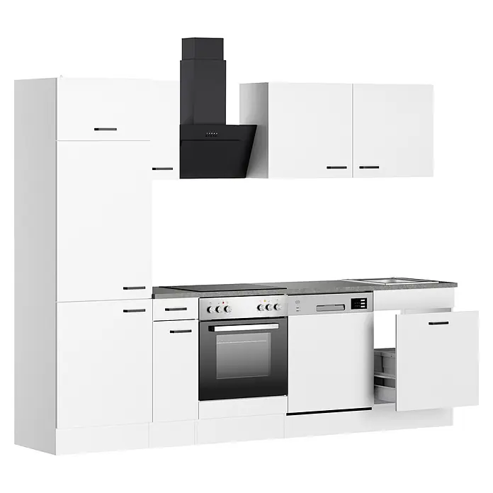 Optifit Optimulti Küchenleerblock Bonn214 - Breite: 270 cm, Weiß, Ohne Elektrogeräte, Mit Geschirrspülerschrank - Weiße Küchenzeile mit integriertem Backofen, Kochfeld, Geschirrspüler und Spüle. Mit schwarzer Dunstabzugshaube und modernen Griffen.