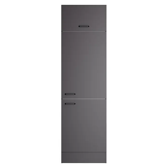 Optifit Optimulti Küchen-Hochschrank Kiel420 - B x T x H: 60 x 55,5 x 210 cm, Anthrazit - Dunkelgraue matte Möbelfronten mit drei horizontalen Griffen.