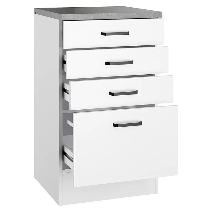 Optifit Optimulti Küchen-Unterschrank Bonn214 - B x T x H: 50 x 50 x 88 cm, Weiß/Grau - Weiße Kommode mit grauer Platte und schwarzen Griffen; vier teilweise geöffnete Schubladen.