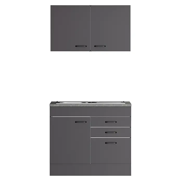 Optifit Optimulti Miniküche Kiel420 - Breite: 100 cm, Anthrazit, Mit Einbauspüle, Ohne Elektrogeräte - Dunkelgraue Küchenschränke, bestehend aus Oberschränken und einer Unterschrank-Einheit mit Spüle und Schubladen.