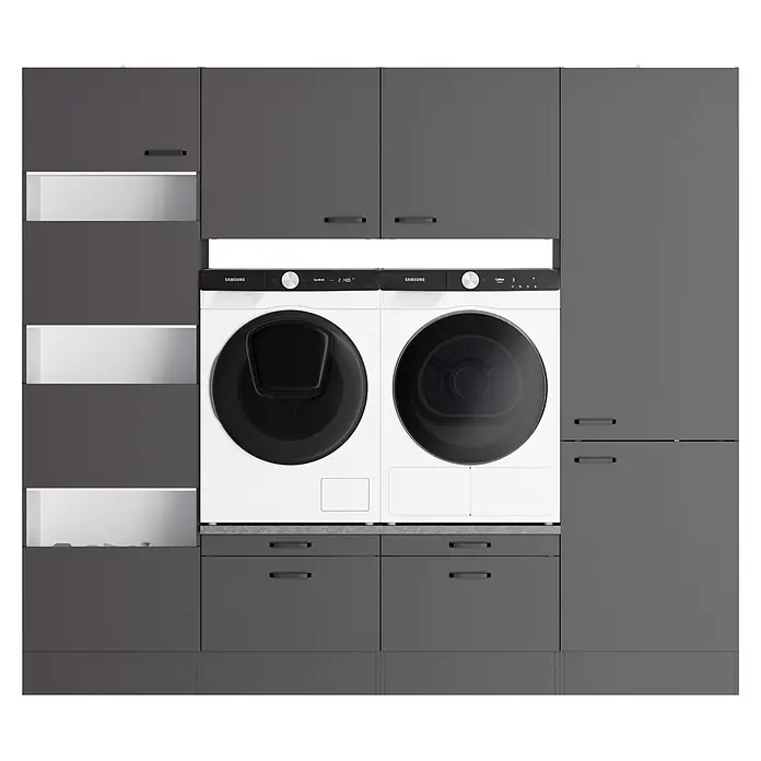 Optifit Optimulti Waschmaschinenschrank Kiel420 - L x B x H: 57,1 x 240 x 210 cm, Anthrazit - Weißes Samsung Waschmaschinen- und Trockner-Set mit schwarzen Details, integriert in dunkelgraue Wäscheschränke.