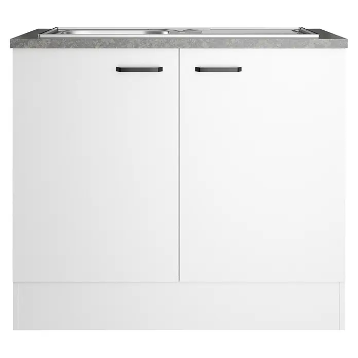 Optifit Optimulti Spülenunterschrank Bonn214 - 60 x 100 x 88 cm, Dekor Front: Weiß - Weißer Spülenunterschrank mit grauer Arbeitsplatte, integrierter Edelstahlspüle und zwei Türen mit schwarzen Griffen.