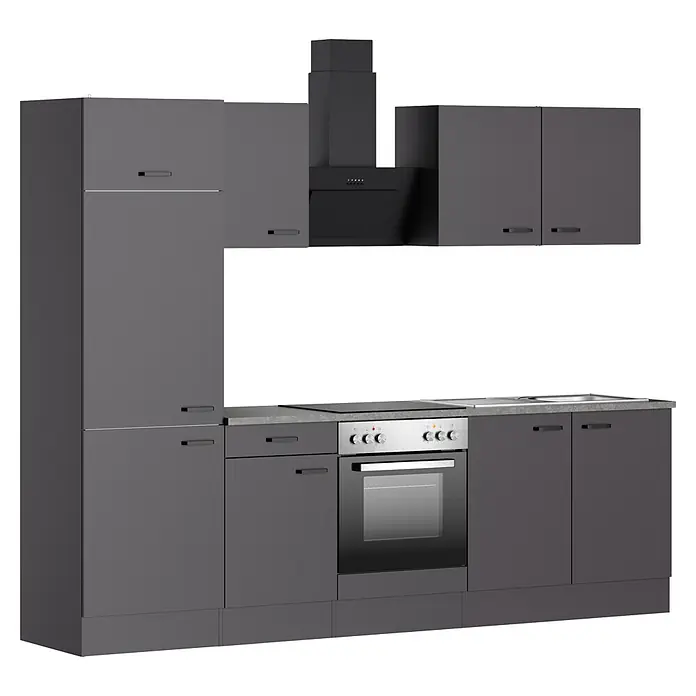 Optifit Optimulti Küchenzeile Kiel420 - Breite: 270 cm, Anthrazit, Mit Elektrogeräten, Ohne Geschirrspüler - Dunkelgraue, integrierte Küchenzeile mit Kühlschrank, Backofen, Herd, Spüle und Dunstabzugshaube, mit modernen glatten Schränken.