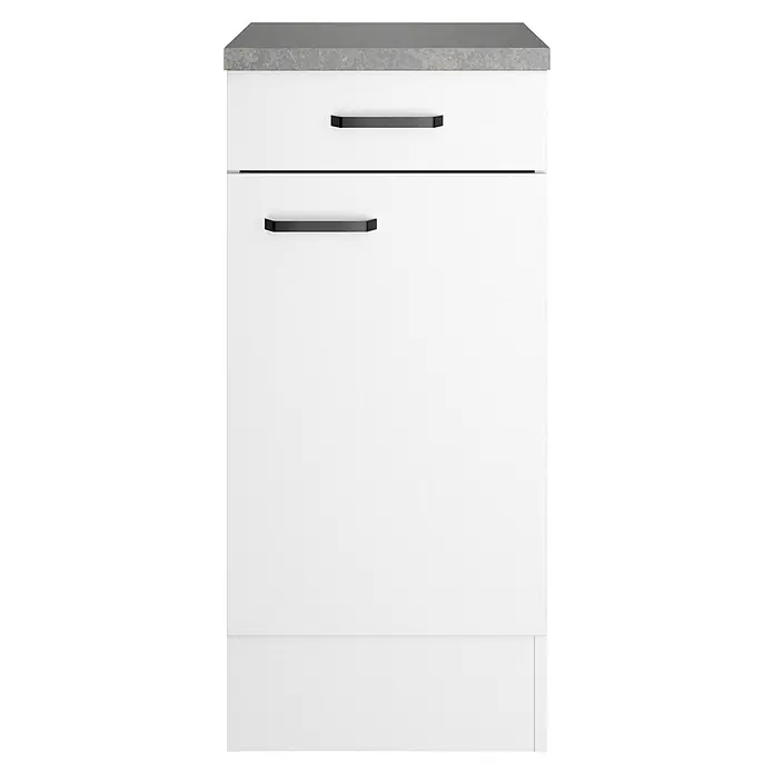 Optifit Optimulti Küchen-Unterschrank Bonn214 - B x T x H: 40 x 60 x 88 cm, Weiß/Grau - Weißer Küchenunterschrank mit grauer Arbeitsplatte und zwei schwarzen Griffen.