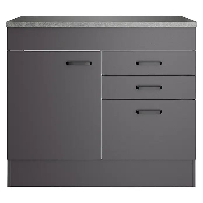 Optifit Optimulti Spülenunterschrank Kiel420 - 60 x 100 x 88 cm, Dekor Front: Grau matt - Dunkelgrauer Schrank mit gesprenkelter hellgrauer Arbeitsplatte. Mit einer Tür und drei Schubladen mit schwarzen Griffen.