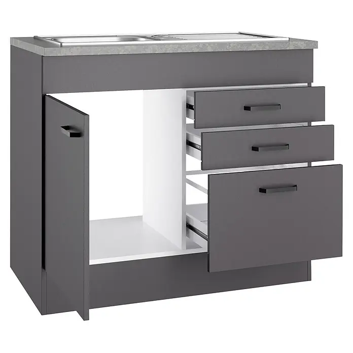 Optifit Optimulti Spülenunterschrank Kiel420 - 60 x 100 x 88 cm, Dekor Front: Grau matt - Dunkelgrauer Spülunterschrank mit hellgrauer Arbeitsplatte, offener Tür und drei offenen Schubladen.