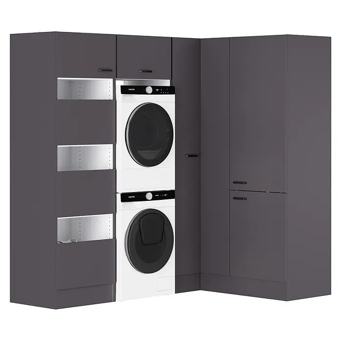 Optifit Optimulti Waschmaschinenschrank Kiel420 - L x B x H: 150 x 213,2 x 210 cm, Anthrazit - Stapelbare weiße Waschmaschine und Trockner in dunkelgrauen Hauswirtschaftsschränken.