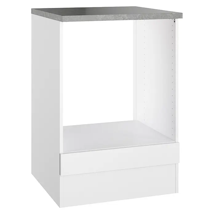 Optifit Optimulti Herdumbauschrank Bonn214 - 60 x 60 x 88 cm, Dekor Front: Weiß - Weißer Küchenunterschrank mit grauer Arbeitsplatte, offenem Gerätefach und einer Schublade.