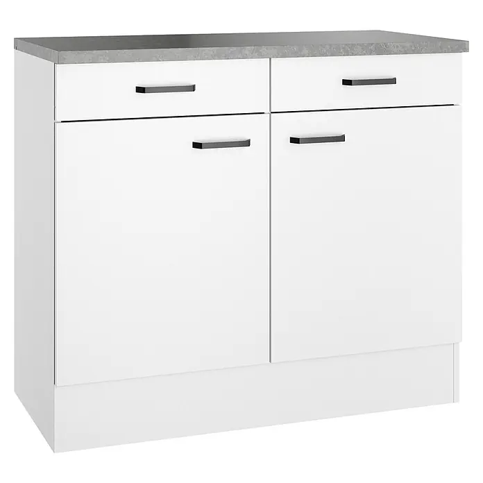 Optifit Optimulti Küchen-Unterschrank Bonn214 - B x T x H: 100 x 50 x 88 cm, Weiß/Grau - Weißer Schrank mit grauer Platte, zwei Schubladen und zwei Türen mit schwarzen Griffen.