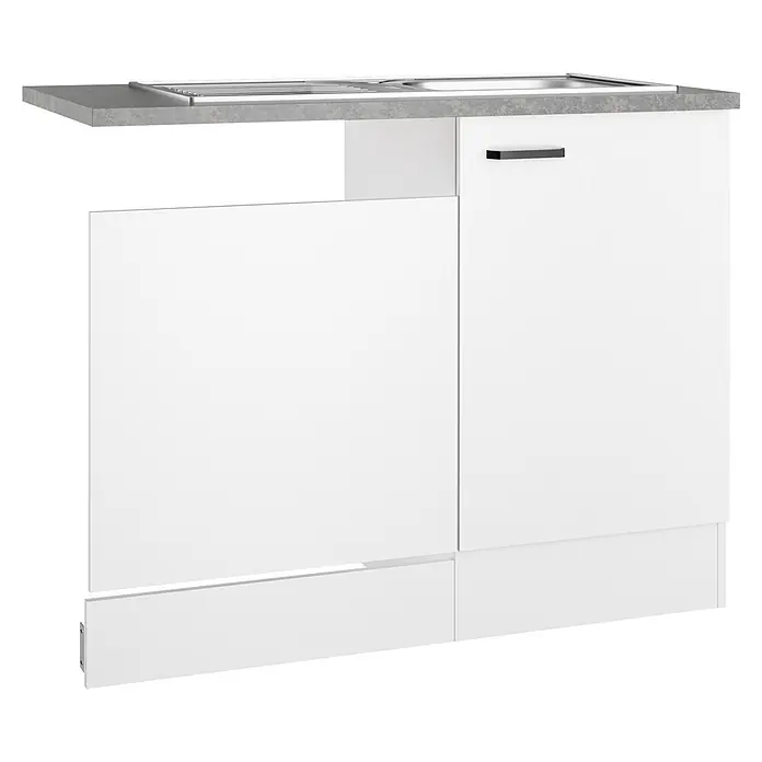 Optifit Optimulti Spülenunterschrank Bonn214 - 60 x 100 x 88 cm, Dekor Front: Weiß - Weißer Küchenspülenunterschrank mit grauer Arbeitsplatte und Edelstahlspüle.