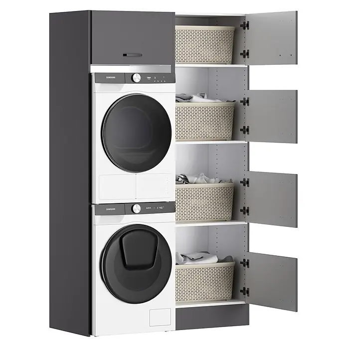 Optifit Optimulti Waschmaschinenschrank Kiel420 - L x B x H: 57,1 x 123,2 x 210 cm, Anthrazit - Gestapelte Samsung Waschmaschine und Trockner in grauem Schrank mit integrierten Regalen und Wäschekörben.