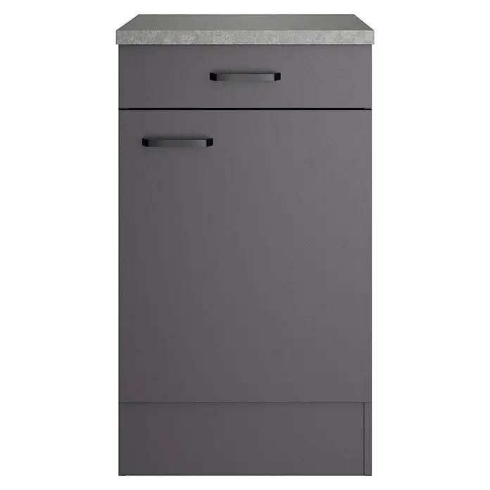 Optifit Optimulti Küchen-Unterschrank Kiel420 - B x T x H: 50 x 60 x 88 cm, Anthrazit - Dunkelgrauer Küchenunterschrank mit heller Arbeitsplatte und zwei schwarzen Griffen.