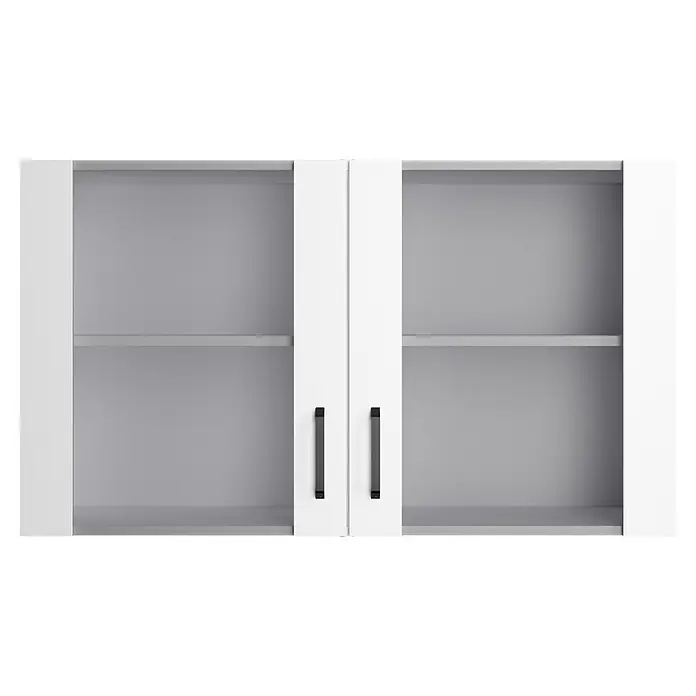 Optifit Optimulti Küchen-Hängeschrank Bonn214 - B x T x H: 100 x 33 x 57,6 cm, Weiß - Zwei weiße Küchenwandschränke mit schwarzen Griffen und Innenablagen.