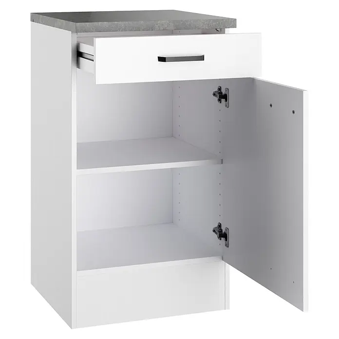 Optifit Optimulti Küchen-Unterschrank Bonn214 - B x T x H: 50 x 50 x 88 cm, Weiß/Grau - Weißer Schrank mit grauer Platte, offener Schublade und Tür, die zwei Einlegeböden zeigt.
