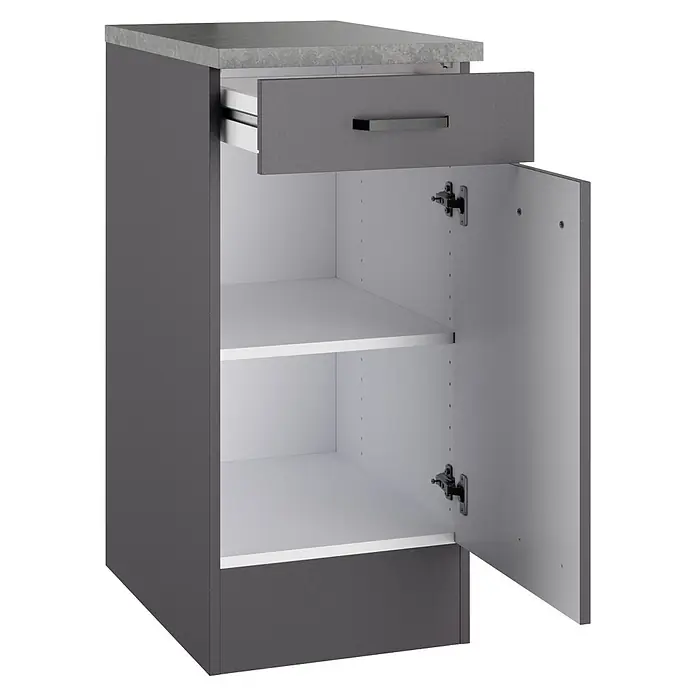 Optifit Optimulti Küchen-Unterschrank Kiel420 - B x T x H: 40 x 60 x 88 cm, Anthrazit - Grauer Küchenunterschrank mit Schublade, offener Tür und zwei weißen Einlegeböden.