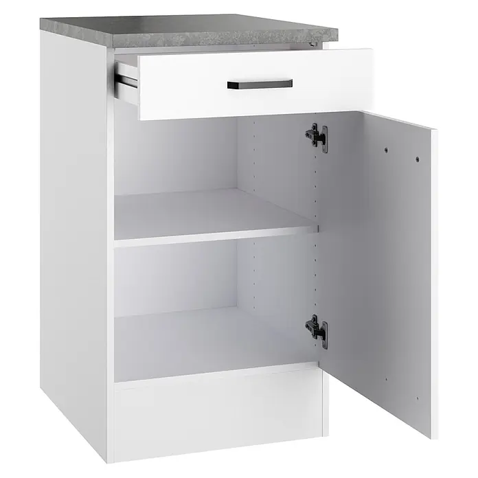 Optifit Optimulti Küchen-Unterschrank Bonn214 - B x T x H: 50 x 60 x 88 cm, Weiß/Grau - Weißer Küchenunterschrank mit grauer Arbeitsplatte, offener Schublade und offener Tür mit zwei Einlegeböden.