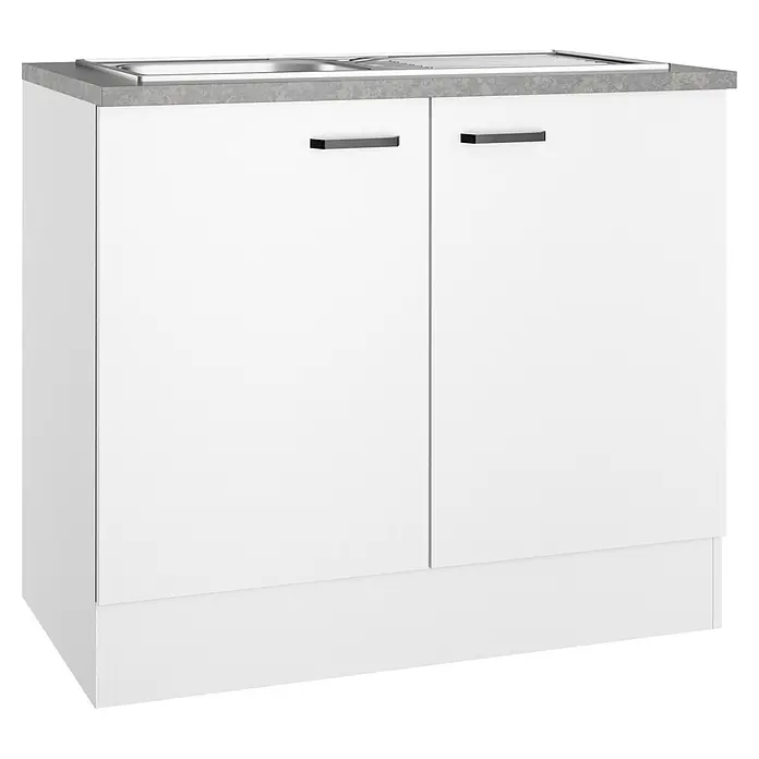 Optifit Optimulti Spülenunterschrank Bonn214 - 60 x 100 x 88 cm, Dekor Front: Weiß - Weißer Spülunterschrank mit zwei Türen, grauer Arbeitsplatte und Edelstahlspüle.