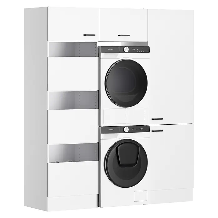 Optifit Optimulti Waschmaschinenschrank Bonn214 - L x B x H: 57,1 x 183,2 x 210 cm, Weiß - Weiße Waschmaschine und Trockner übereinander in integrierten weißen Wäscheschränken, mit schwarzen Gerätetüren und Bedienfeldern.