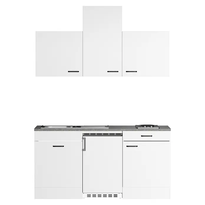 Optifit Optimulti Singleküche Bonn214 - Breite: 170 cm, Weiß, Mit Elektrogeräten - Weiße modulare Küchenzeile mit grauer Arbeitsplatte, integrierter Spüle, Kochfeld und Unterbaugerät.