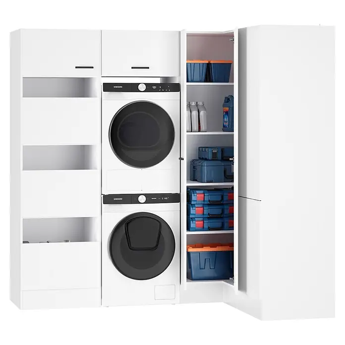 Optifit Optimulti Waschmaschinenschrank Bonn214 - L x B x H: 150 x 213,2 x 210 cm, Weiß - Weißes Hauswirtschaftsschrank-System mit integrierter Waschmaschine und Trockner sowie Stauraum für Zubehör.