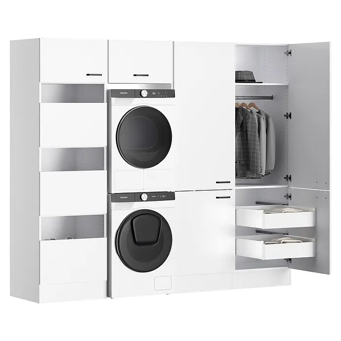 Optifit Optimulti Waschmaschinenschrank Bonn214 - L x B x H: 190 x 213,2 x 210 cm, Weiß - Weißes integriertes Wasch- und Schranksystem mit gestapeltem Samsung Waschtrockner, Regalen und Kleideraufbewahrung.