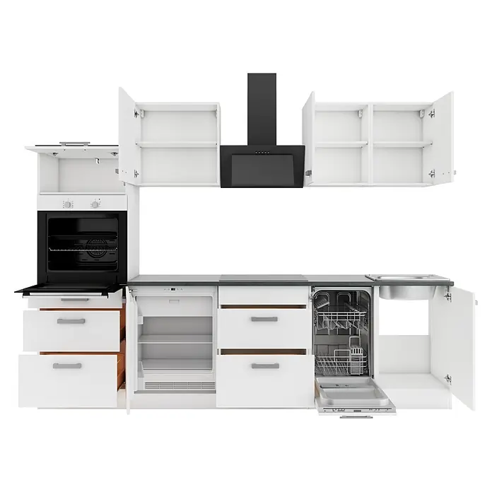 Optifit Küchenleerblock Oslo214 - Breite: 270 cm, Weiß, Ohne Elektrogeräte - Weiße Küchenschränke mit integriertem schwarzem Backofen, Dunstabzugshaube, Kochfeld, Kühlschrank, Geschirrspüler und Spüle. Türen und Schubladen sind offen.