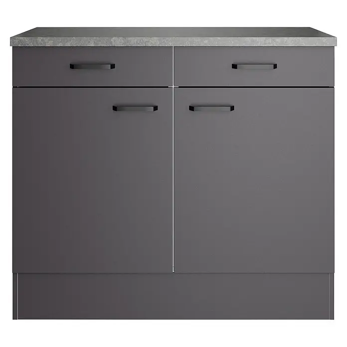Optifit Optimulti Küchen-Unterschrank Kiel420 - B x T x H: 100 x 60 x 88 cm, Anthrazit - Dunkelgrauer Küchenunterschrank mit hellgrauer Arbeitsplatte, zwei Schubladen und zwei Türen.