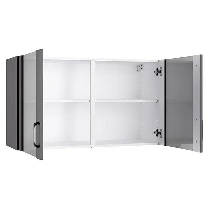 Optifit Optimulti Küchen-Hängeschrank Kiel420 - Anthrazit - Offener weißer Hängeschrank mit zwei Regalböden und grauen Türen, eine mit Griff.