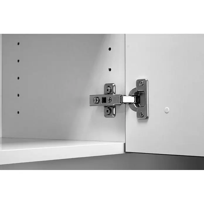 Optifit Optimulti Miniküche Bonn214 - Breite: 100 cm, Weiß, Mit 2-Platten-Kochfeld - Silbernes Schrankscharnier in offenem weißem Schrank, mit sichtbaren Regalbodeneinstelllöchern.
